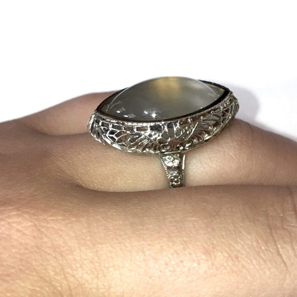 Solid 14K White Gold Filigree Moonstone Antique Vintage Estate Ring